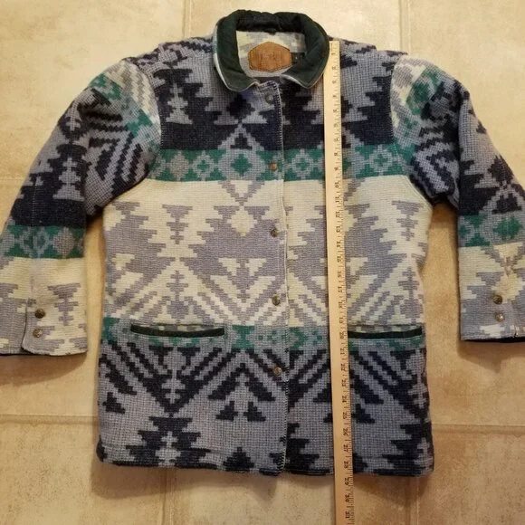 ✅VTG Woolrich Chore Jacket Women's LARGE Blue/Grey Aztec Southwest Wool✅STAINING - Picture 13 of 16